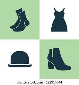 Dress Icons Set. Collection Of Dress, Half-Hose, Female Winter Shoes And Other Elements. Also Includes Symbols Such As Half-Hose, Sundress, Socks.