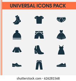 Dress Icons Set. Collection Of Half-Hose, Stylish Apparel, Casual And Other Elements. Also Includes Symbols Such As Sneakers, Ski, Pants.