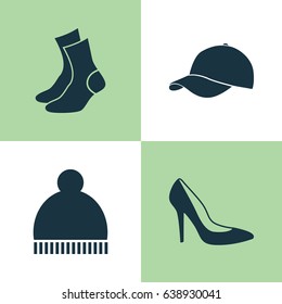 Dress Icons Set. Collection Of Half-Hose, Beanie, Trilby And Other Elements. Also Includes Symbols Such As Half-Hose, Footwear, Cap.