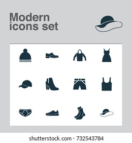 Dress Icons Set. Collection Of Dress, Half-Hose, Sweatshirt And Other Elements. Also Includes Symbols Such As Sarafan, Sweatshirt, Wear.