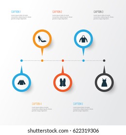 Dress Icons Set. Collection Of Heel Footwear, Sweatshirt, Waistcoat And Other Elements. Also Includes Symbols Such As Clothes, Apparel, Heel.