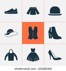 Dress Icons Set. Collection Of Heel Footwear, Sneakers, Sweatshirt And Other Elements. Also Includes Symbols Such As Sarafan, Boots, Shoe.