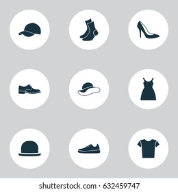 Dress Icons Set. Collection Of Heel Footwear, Trilby, Half-Hose And Other Elements. Also Includes Symbols Such As Shoes, Heel, Sneakers.