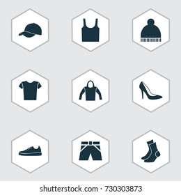Dress Icons Set. Collection Of Heel Footwear, Beanie, Half-Hose And Other Elements. Also Includes Symbols Such As Gumshoes, Clothes, Cap.
