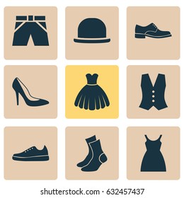 Dress Icons Set. Collection Of Panama, Elegance, Trunks Cloth And Other Elements. Also Includes Symbols Such As Heel, Vest, Dress.