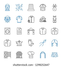 dress icons set. Collection of dress with pants, wedding arch, shirt, clothing shop, washing machine, sewing, trousers, wedding planning, sportswear. Editable and scalable dress icons.