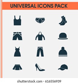 Dress Icons Set. Collection Of Pants, Half-Hose, Briefs And Other Elements. Also Includes Symbols Such As Sweatshirt, Pants, Visor.