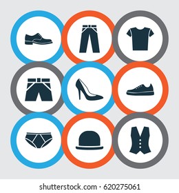 Dress Icons Set. Collection Of Pants, Panama, Heel Footwear And Other Elements. Also Includes Symbols Such As Briefs, Shorts, Waistcoat.