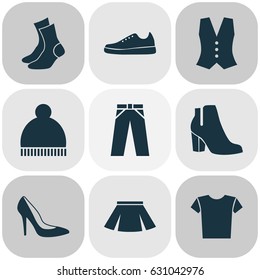 Dress Icons Set. Collection Of Pants, Half-Hose, Casual And Other Elements. Also Includes Symbols Such As Sneakers, Female, Heel.