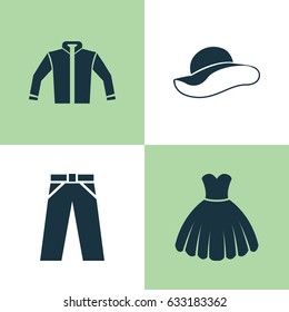 Dress Icons Set. Collection Of Pants, Sarafan, Elegant Headgear And Other Elements. Also Includes Symbols Such As Pants, Dress, Jacket.