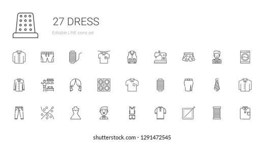 dress icons set. Collection of dress with sewing, shirt, sportswear, groom, wedding dress, jeans, skirt, thread, washing machine, wedding arch. Editable and scalable icons.