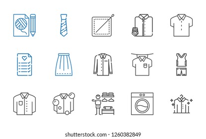 dress icons set. Collection of dress with shirt, washing machine, dressing room, sportswear, skirt, wedding planning, suit and tie, sewing. Editable and scalable dress icons.