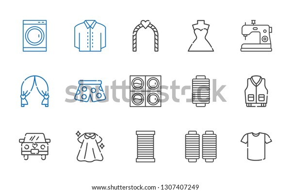 dress\
icons set. Collection of dress with shirt, thread, wedding car,\
jacket, washing machine, pants, wedding arch, sewing machine,\
wedding dress. Editable and scalable dress\
icons.