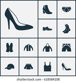 Dress Icons Set. Collection Of Singlet, Sweatshirt, Female Winter Shoes And Other Elements. Also Includes Symbols Such As Trunks, Apparel, Clothes.