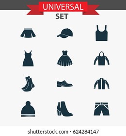 Dress Icons Set. Collection Of Singlet, Stylish Apparel, Trunks Cloth And Other Elements. Also Includes Symbols Such As Sleeveless, Beanie, Female.
