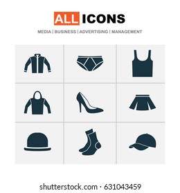 Dress Icons Set. Collection Of Singlet, Half-Hose, Trilby And Other Elements. Also Includes Symbols Such As Footwear, Skirt, Cardigan.