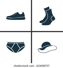 Dress Icons Set. Collection Of Sneakers, Briefs, Elegant Headgear And Other Elements. Also Includes Symbols Such As Briefs, Garment, Socks.