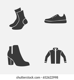 Dress Icons Set. Collection Of Sneakers, Half-Hose, Cardigan And Other Elements. Also Includes Symbols Such As Boots, Shoes, Sneakers.