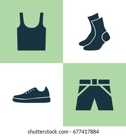 Dress Icons Set. Collection Of Sneakers, Half-Hose, Singlet And Other Elements. Also Includes Symbols Such As Cloth, Gumshoes, Half-Hose.