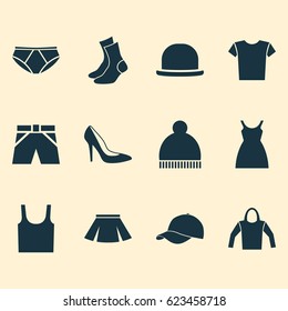 Dress Icons Set. Collection Of Stylish Apparel, Half-Hose, Casual And Other Elements. Also Includes Symbols Such As Cloth, Ski, Underpants.