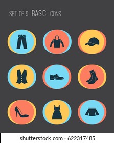 Dress Icons Set. Collection Of Sweatshirt, Trilby, Heel Footwear And Other Elements. Also Includes Symbols Such As Shoes, Male, Socks.