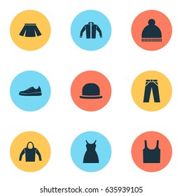 Dress Icons Set. Collection Of Sweatshirt, Dress, Sneakers And Other Elements. Also Includes Symbols Such As Sleeveless, Woman, Sarafan.