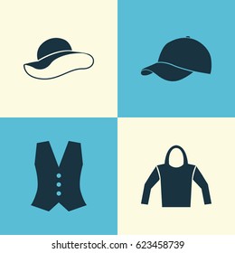 Dress Icons Set. Collection Of Trilby, Elegant Headgear, Sweatshirt And Other Elements. Also Includes Symbols Such As Cap, Headgear, Clothes.