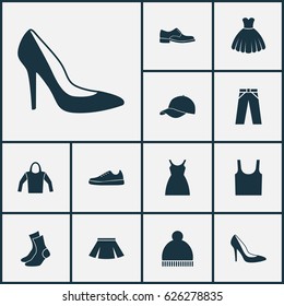 Dress Icons Set. Collection Of Trilby, Elegance, Heel Footwear And Other Elements. Also Includes Symbols Such As Cap, Socks, Sneakers.