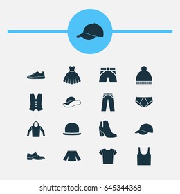 Dress Icons Set. Collection Of Trilby, Sneakers, Panama And Other Elements. Also Includes Symbols Such As Waistcoat, Shirt, Skirt.