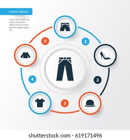 Dress Icons Set. Collection Of Trunks Cloth, Heel Footwear, Casual And Other Elements. Also Includes Symbols Such As Fedora, Pants, Shorts.