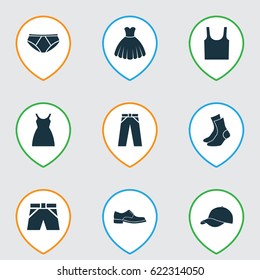 Dress Icons Set. Collection Of Trunks Cloth, Half-Hose, Singlet And Other Elements. Also Includes Symbols Such As Leggings, Trousers, Dress.