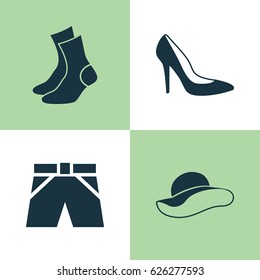 Dress Icons Set. Collection Of Trunks Cloth, Heel Footwear, Half-Hose And Other Elements. Also Includes Symbols Such As Shorts, Half-Hose, Shoe.