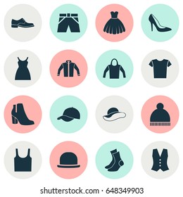 Dress Icons Set. Collection Of Trunks Cloth, Heel Footwear, Sweatshirt And Other Elements. Also Includes Symbols Such As Boots, Tank, Hoodie.
