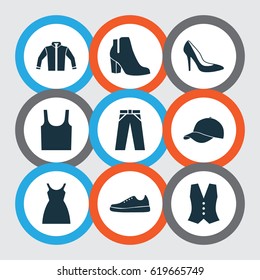 Dress Icons Set. Collection Of Waistcoat, Trilby, Dress And Other Elements. Also Includes Symbols Such As Visor, Gumshoes, Shoe.