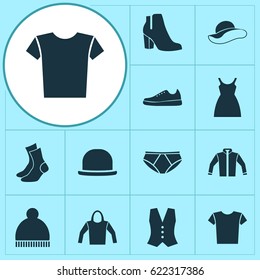 Dress Icons Set. Collection Of Waistcoat, Dress, Female Winter Shoes And Other Elements. Also Includes Symbols Such As Sweatshirt, Vest, Elegant.