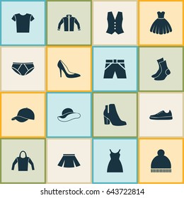 Dress Icons Set. Collection Of Waistcoat, Casual, Half-Hose And Other Elements. Also Includes Symbols Such As Jacket, Waistcoat, Sundress.