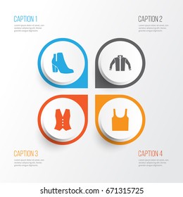 Dress Icons Set. Collection Of Waistcoat, Female Winter Shoes, Singlet And Other Elements. Also Includes Symbols Such As Jacket, Female, Singlet.