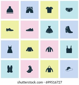 Dress Icons Set. Collection Of Waistcoat, Trunks Cloth, Singlet And Other Elements. Also Includes Symbols Such As Woman, Socks, Tank.