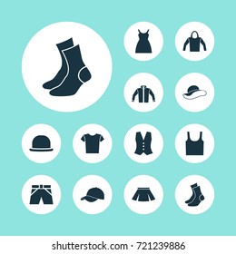 Dress Icons Set. Collection Of Waistcoat, Trunks Cloth, Sweatshirt And Other Elements. Also Includes Symbols Such As Elegant, Panama, Dress.