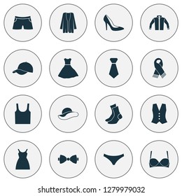 Dress icons set with knickers, socks, female hat and other dress elements. Isolated vector illustration dress icons.
