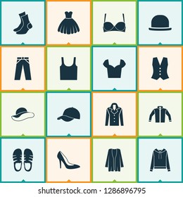 Dress icons set with sandal, fashionable, sweatshirt elegant headgear elements. Isolated vector illustration dress icons.