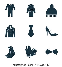 Dress icons set with suit, woman shoe, necktie and other half-hose elements. Isolated vector illustration dress icons.