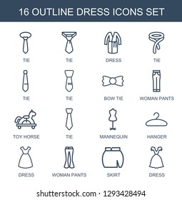 dress icons. Trendy 16 dress icons. Contain icons such as tie, bow tie, woman pants, toy horse, mannequin, hanger, skirt. dress icon for web and mobile.