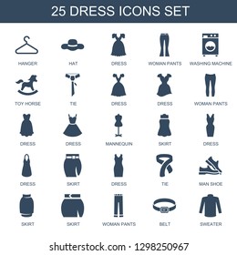 dress icons. Trendy 25 dress icons. Contain icons such as hanger, hat, woman pants, washing machine, toy horse, tie, mannequin, skirt, man shoe. dress icon for web and mobile.