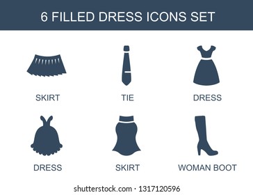 dress icons. Trendy 6 dress icons. Contain icons such as skirt, tie, woman boot. dress icon for web and mobile.