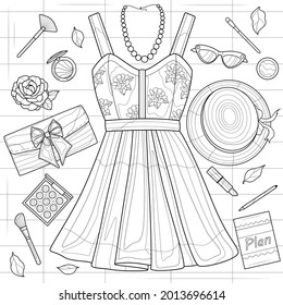 Dress, jewelry and cosmetics. Layout.Coloring book antistress for children and adults. Illustration isolated on white background.Zen-tangle style. Hand draw