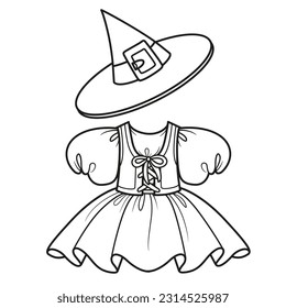 Dress with lace-up corset and witch hat outline for coloring on a white background
