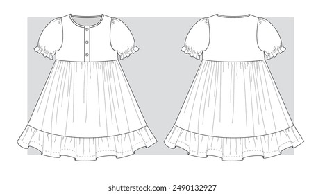 Dress with a lantern sleeve and a flared skirt with a frill at the bottom. Technical scketch.