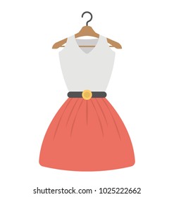 
Dress with long pleated skirt, festive dress without sleeves, flat vector icon 
