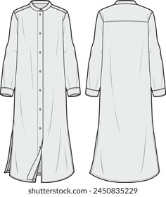 Women’s  Dress, Long shirt, Front and Back View Vector Fashion Illustration , CAD, Technical Drawing, Flat Drawing.